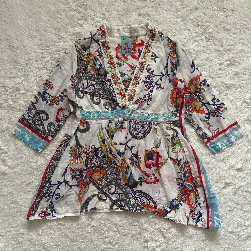 Johnny Was Top Peacock Print V-neck 3/4 Sleeve Embroidered Boho Multicolor Sz XS